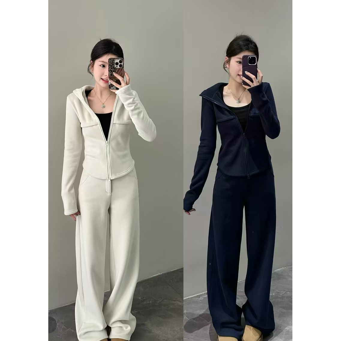 秋冬新款时尚休闲运动百搭连帽开衫拉链加绒两件套卫衣显瘦宽松