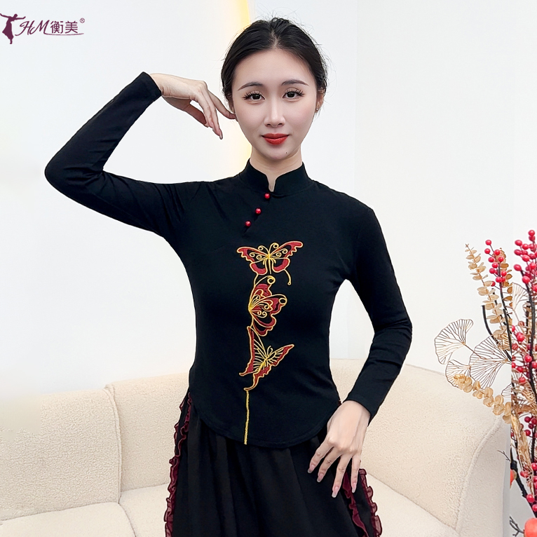 新中式改良旗袍领修身成人上衣蝴蝶刺绣国风形体舞蹈练功服女新款