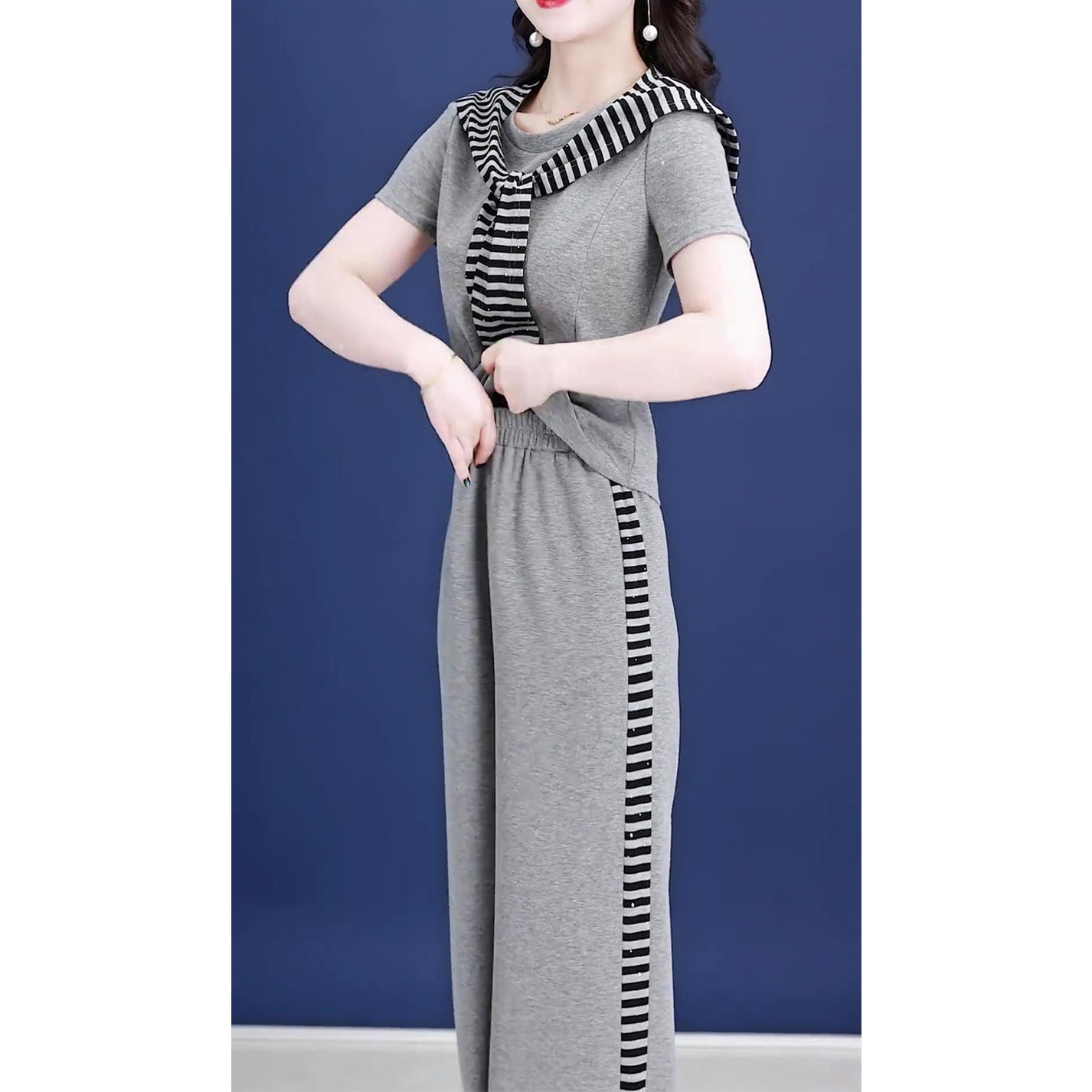 2025夏季新款气质显瘦设计感短袖上衣+披肩+阔腿裤休闲三件套装女