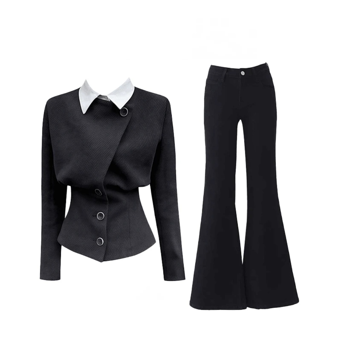 御姐风假两件毛呢外套秋季新款设计感收腰显瘦上衣微喇休闲裤套装