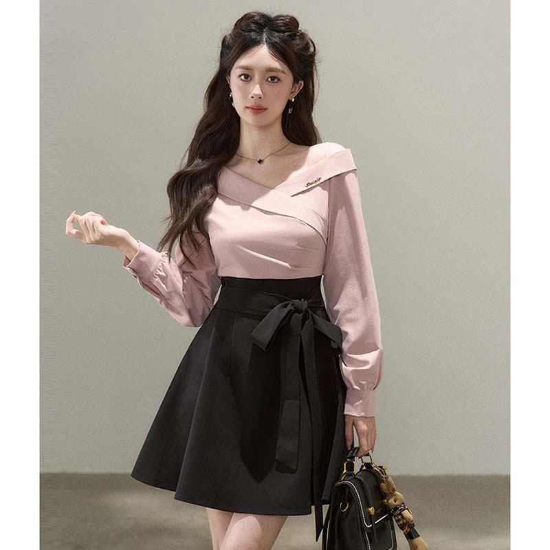 假两件v领斜肩长袖连衣裙女春秋高腰显瘦通勤a字短裙D3981