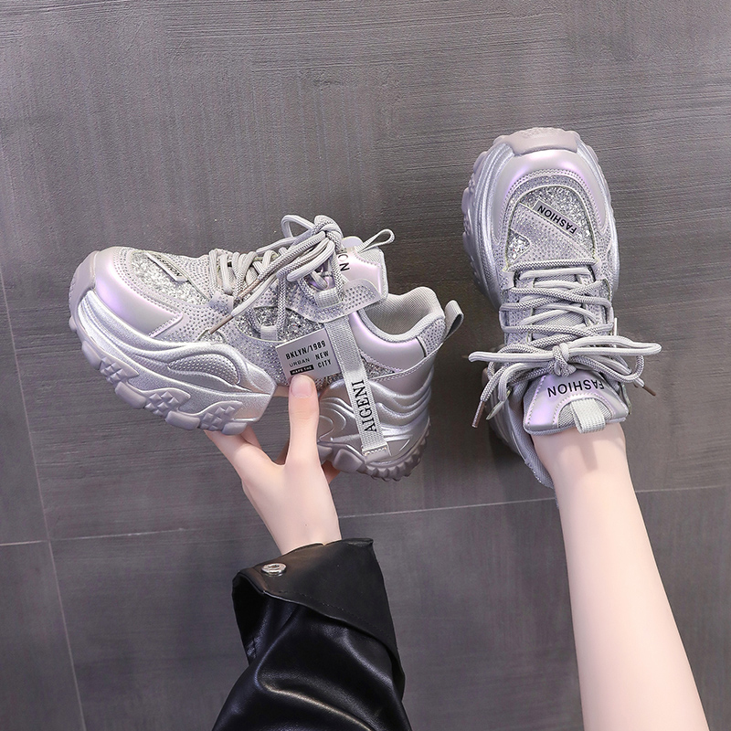 网红爆款时尚亮片老爹鞋女厚底2025秋季新款透气百搭休闲运动鞋子