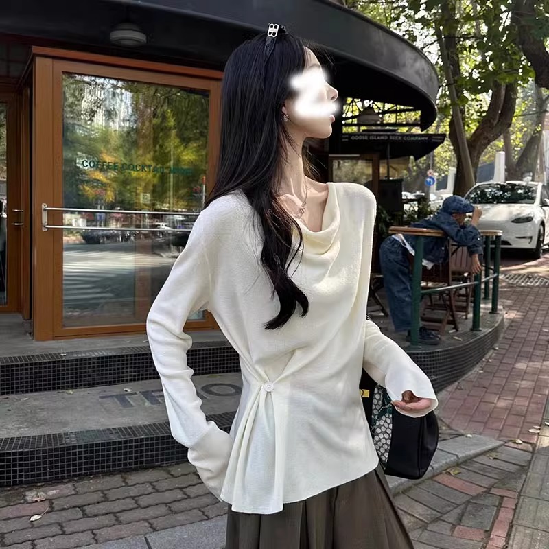 独特百搭荡领收腰系带打底衫女春秋季2025新款宽松洋气内搭上衣