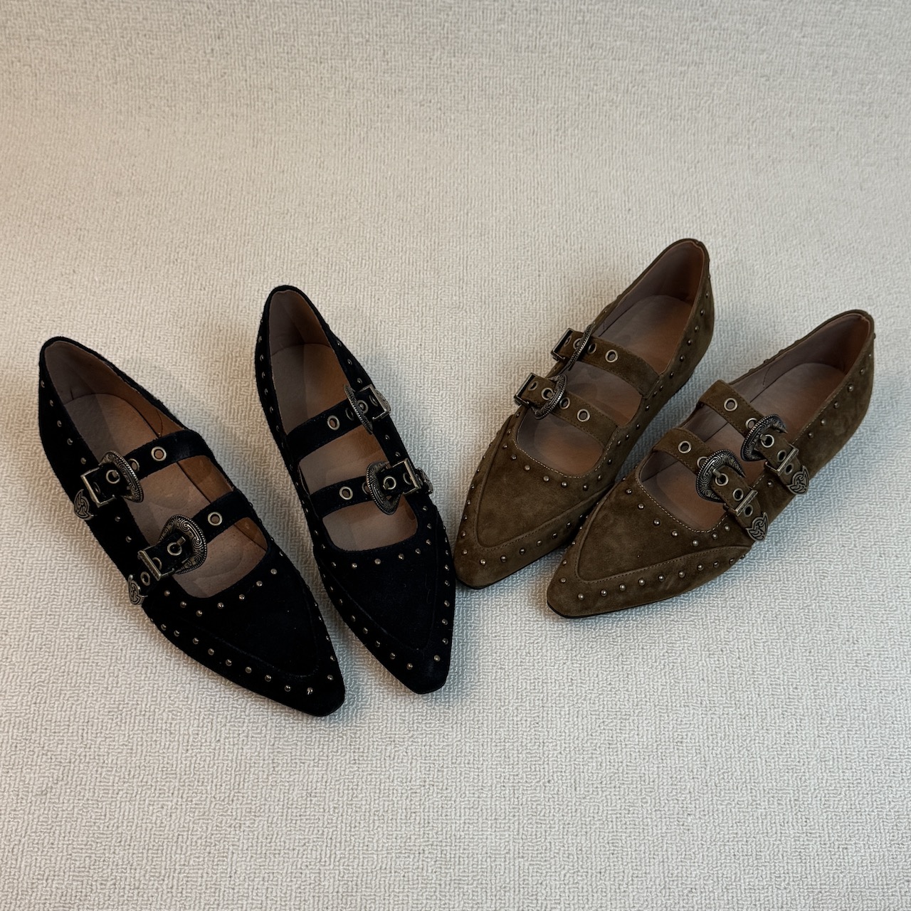 六也「英式复古」朋克风铆钉金属扣尖头内增高玛丽珍单鞋女 L1362