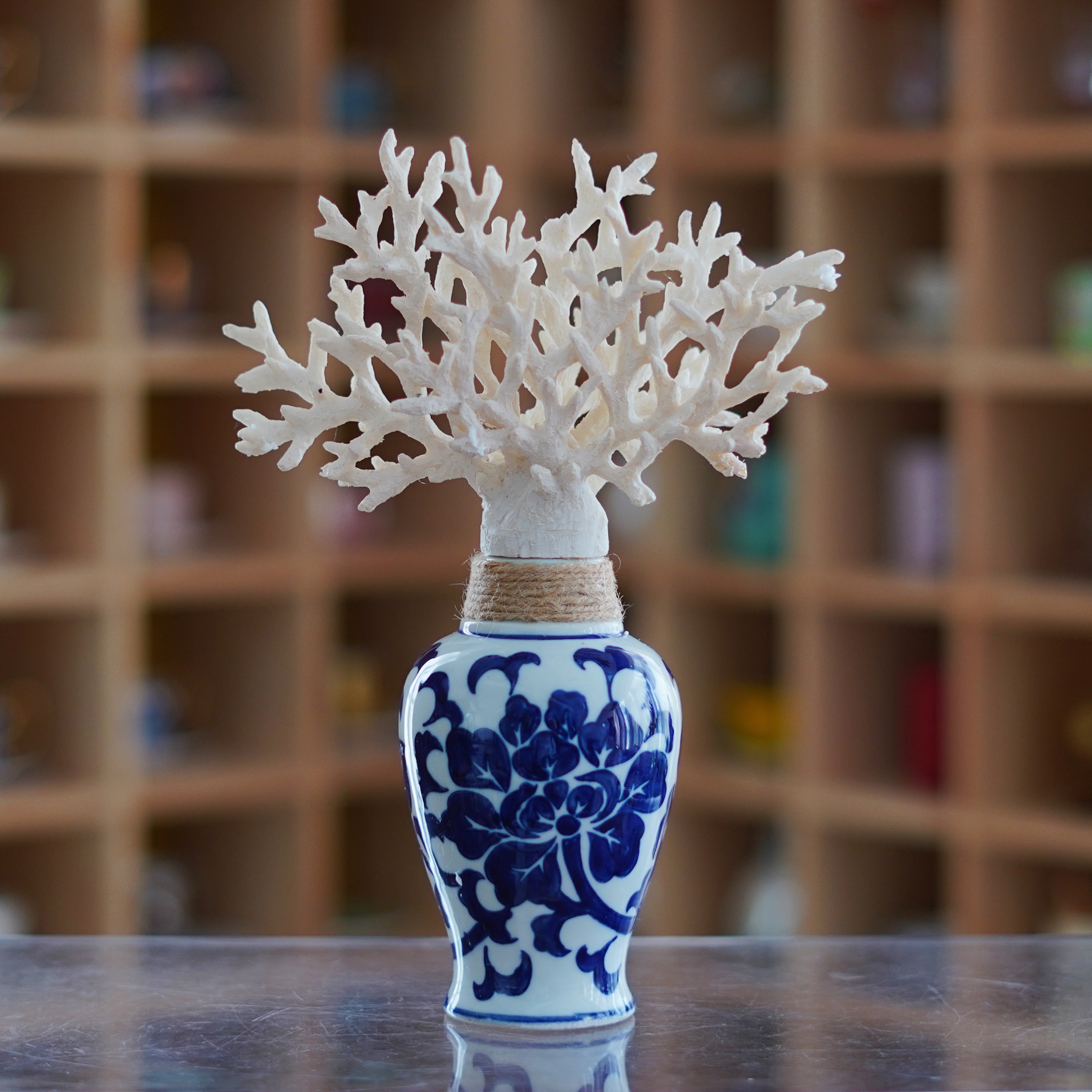 古典复古圆花瓶青花瓷珊瑚装饰摆件花瓶新中式手工手绘玄关书房