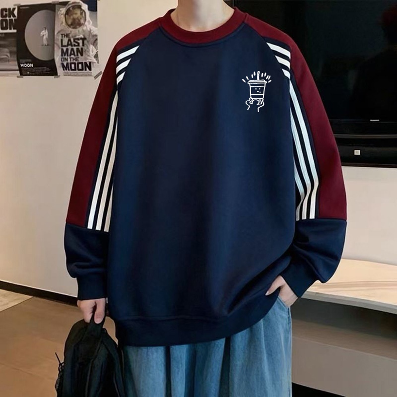 港风圆领拼色卫衣男生秋冬宽松大码加绒加厚保暖打底衫上衣青少年