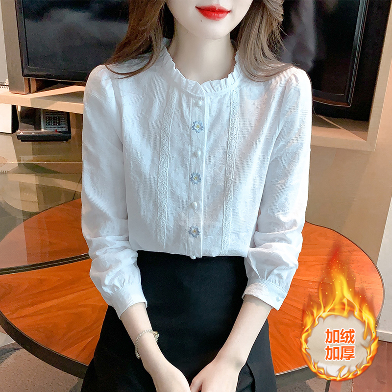 100%纯棉2025春秋季新款女装木耳领衬衫洋气全棉提花刺绣加绒上衣