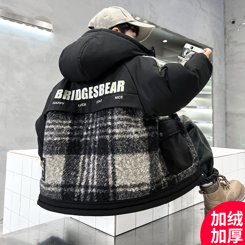 儿童装男童冬装加绒外套2025新款中大童秋冬款加厚冬季毛呢保暖潮