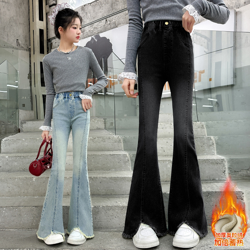 女童加绒牛仔裤秋冬新款洋气儿童裤子一体绒加厚喇叭裤中大童微喇