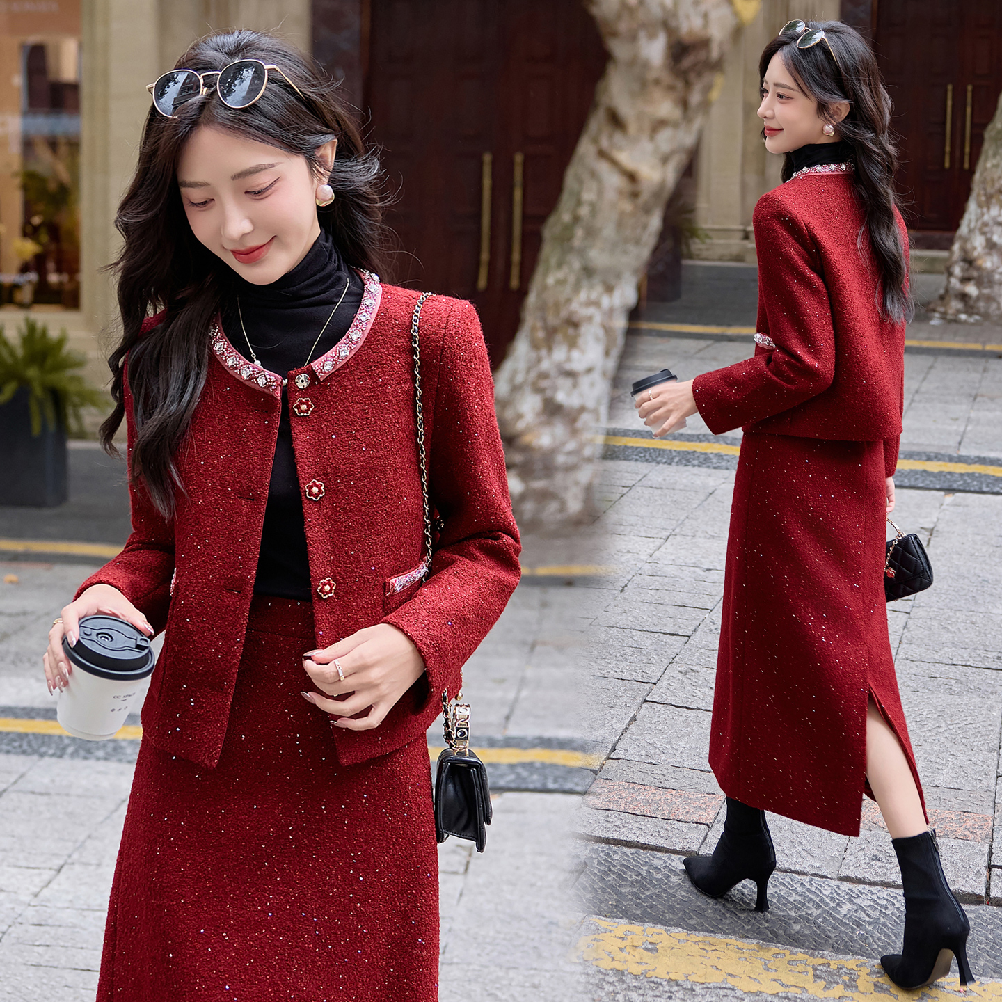 红色小香风套装女秋季2025新款爆款订婚结婚回门穿搭一整套两件套