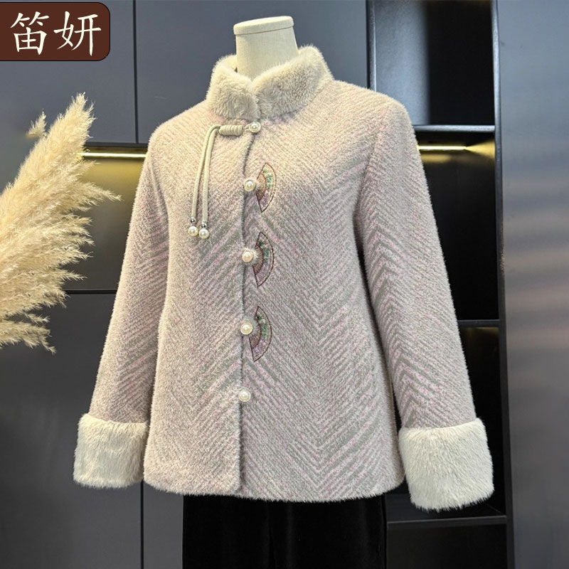 妈妈装仿水貂绒毛呢外套中老年女装冬季加绒加厚盘扣大衣冬装保暖