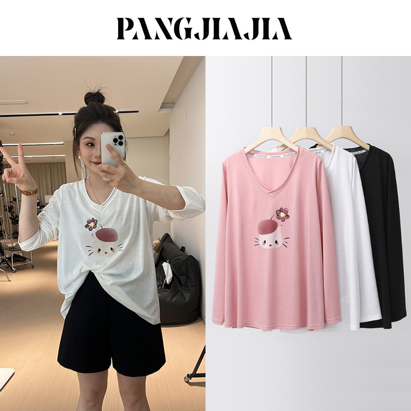 【胖佳佳】现货~小猫咪长袖T 秋季宽松休闲减龄v领上衣H625Y10762-1