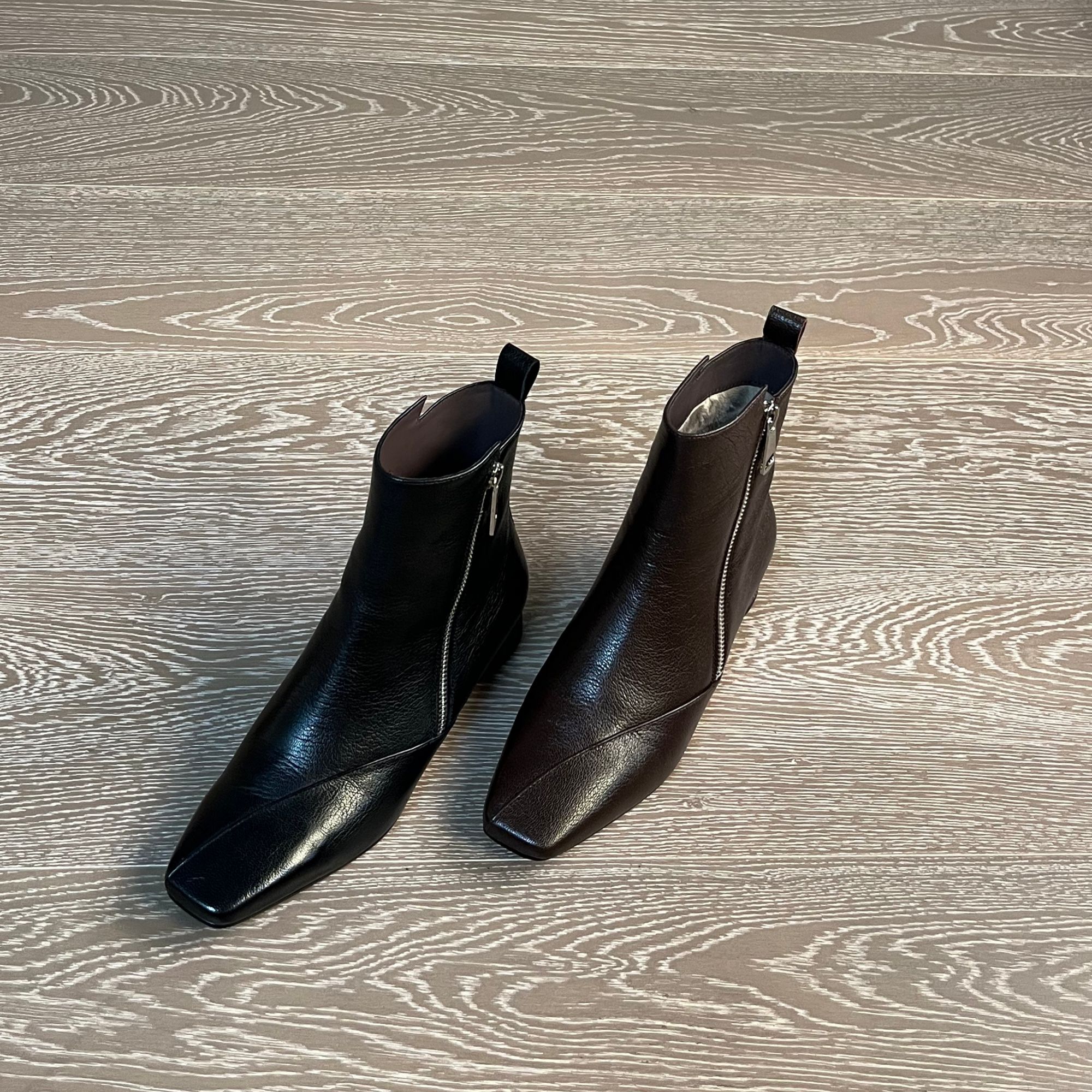 3.5CM头层羊皮短靴方头粗跟秋冬绒里时尚侧拉链女女靴靴子休闲风