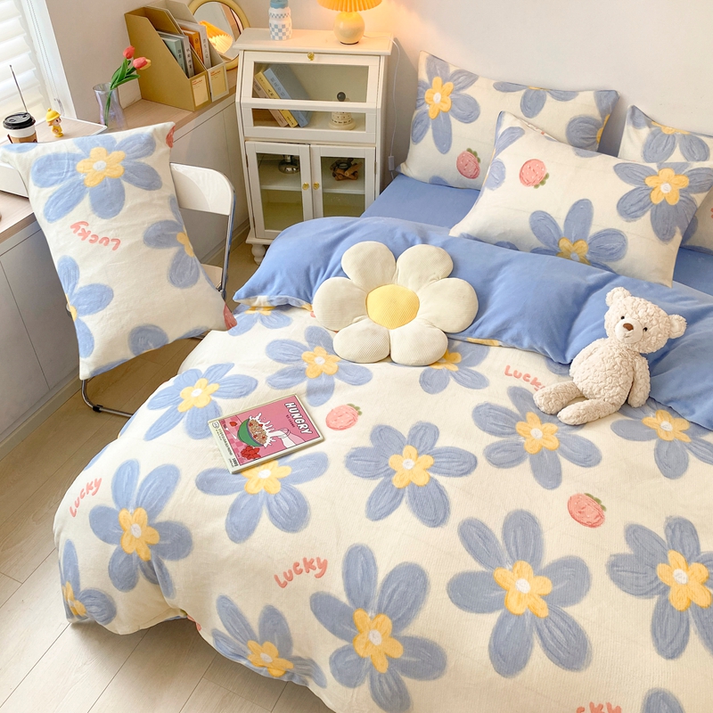 ins新款秋冬卡通印花加厚牛奶绒四件套-床单款床笠学生宿舍三件套