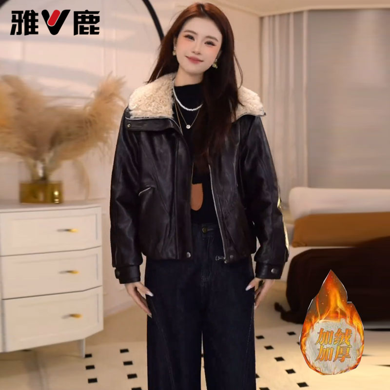 雅鹿加绒皮衣短外套2025冬季新款时髦洋气拼接翻领PU皮外套