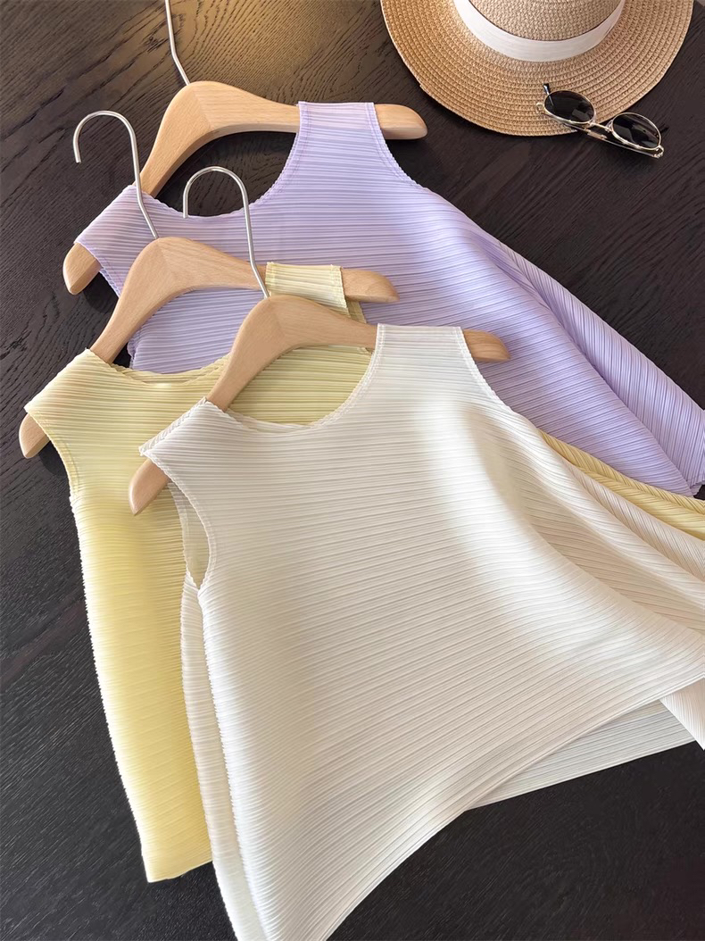 褶皱洋气宽松型圆领T恤无袖夏季薄款常规简约夏装