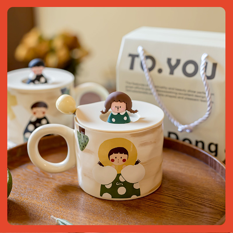 ?复古男孩女孩马克杯可爱情侣款陶瓷杯子家用带盖勺早餐杯一对