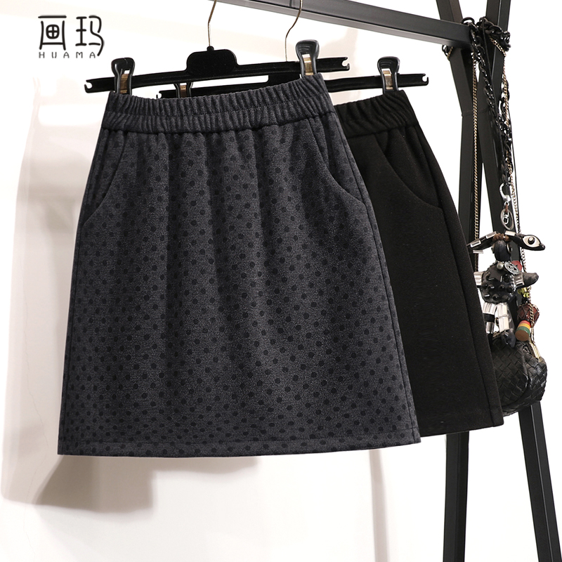 【画玛】高腰波点毛呢裙松紧腰半身裙女秋冬一步裙防走光包臀裙短裙