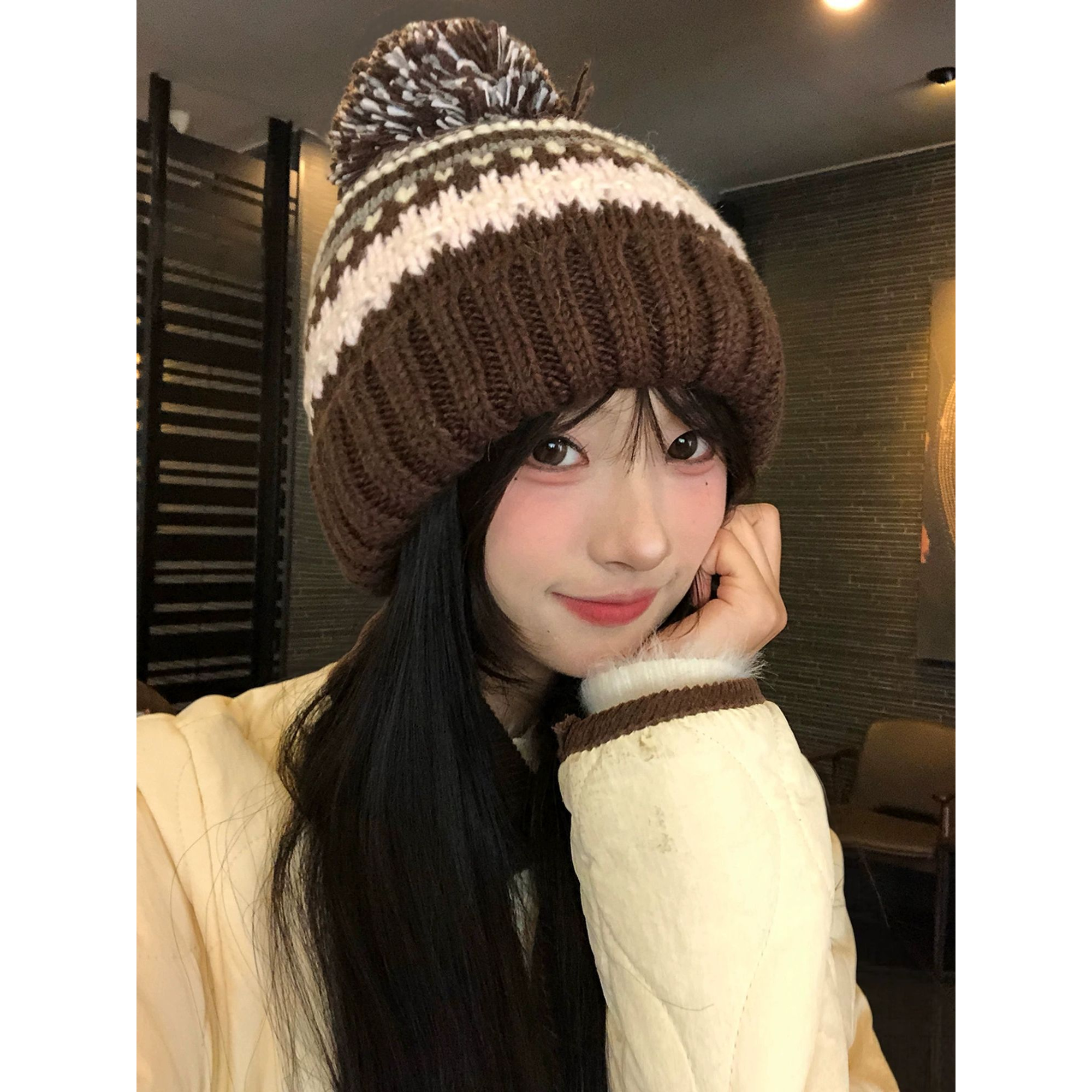 费尔岛毛球针织帽子女2025秋冬新款保暖显脸小护耳毛线帽包头冷帽