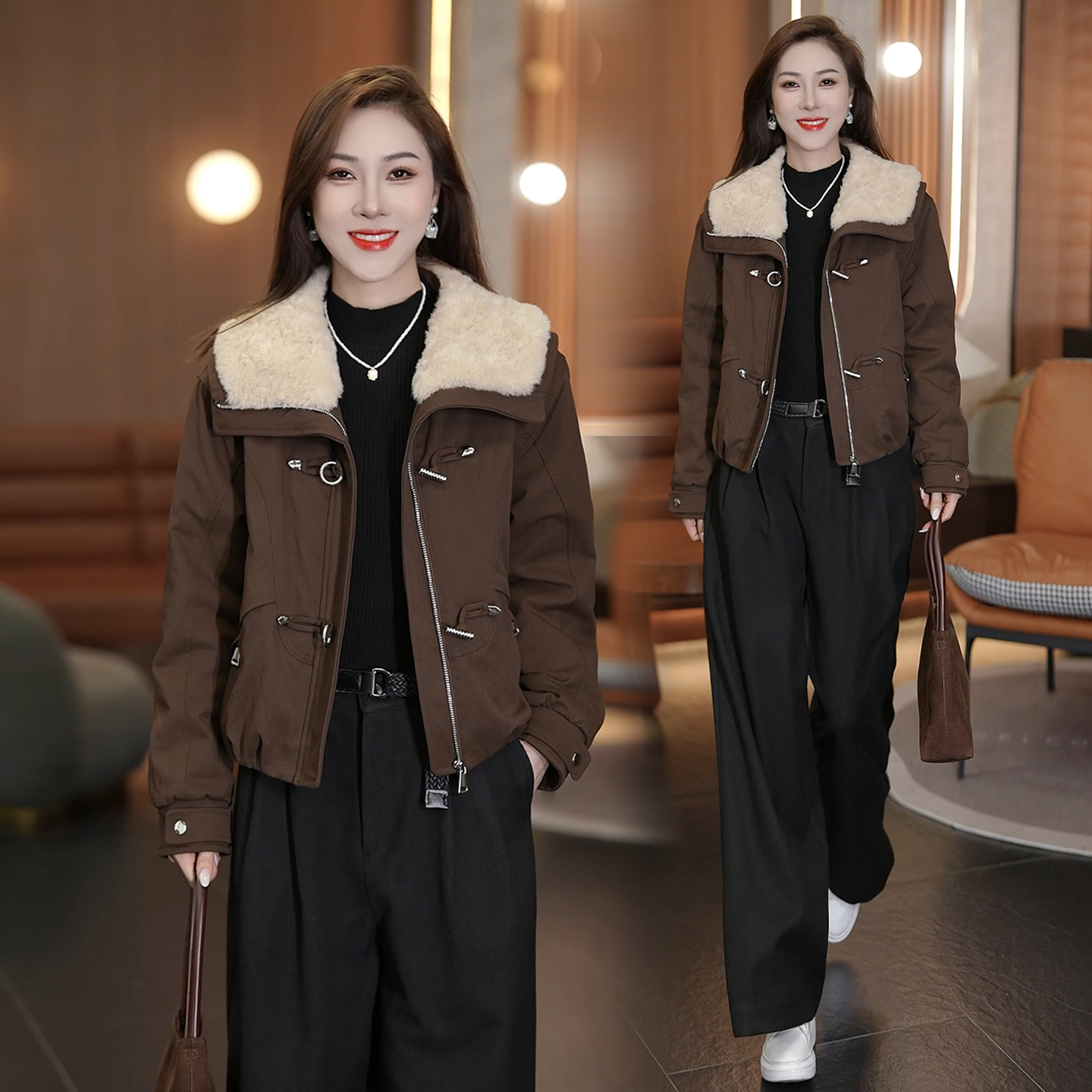 咖色短款毛领棉服女2025冬季款小个子洋气宽松百搭加厚棉衣外套