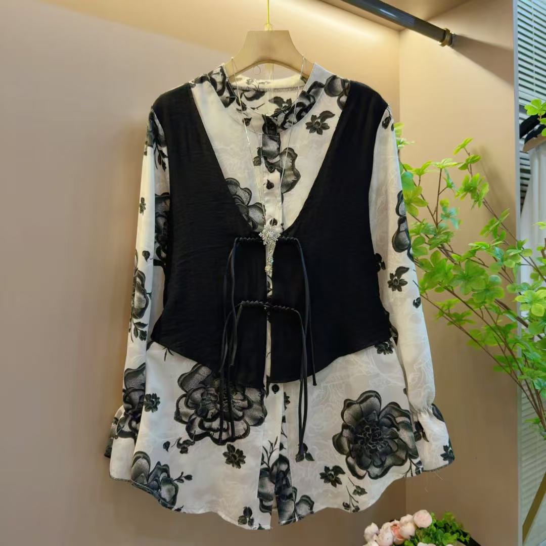 2025新款欧货大码女装碎花薄款假两件上衣（长71左右）