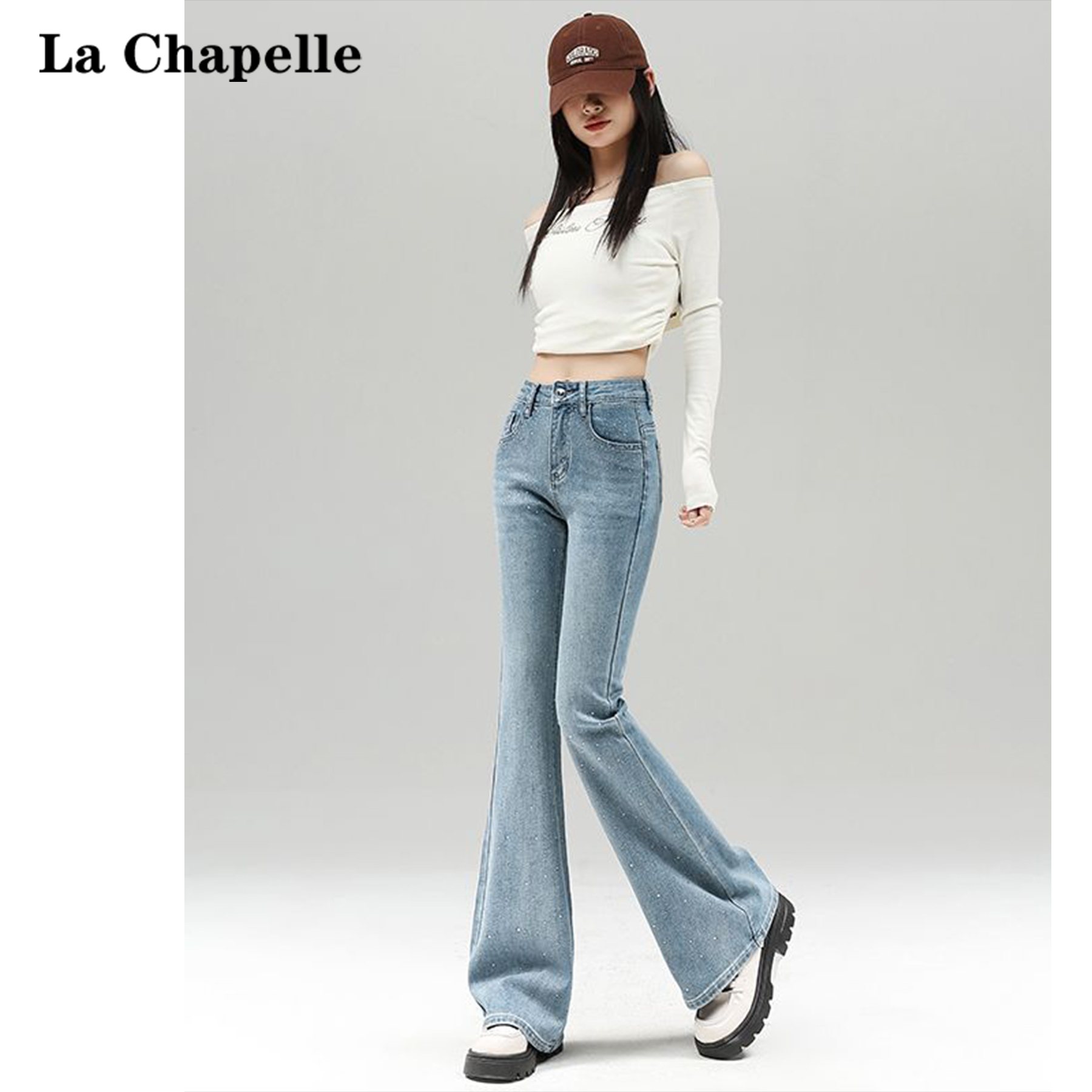 La Chapelle/拉夏贝尔复古高腰烫钻牛仔裤女2025冬季设计感喇叭裤