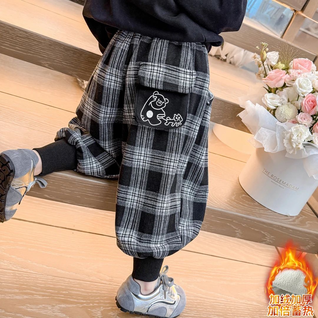 女童加绒格子裤洋气秋冬款女宝宝一体绒休闲束脚裤小女孩加厚裤子