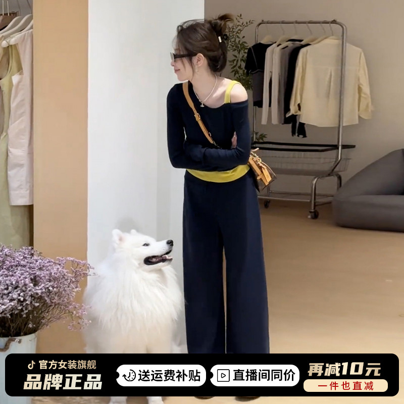 2025新款撞色假两件斜肩t恤女早秋季韩系穿搭配纯欲两件套装