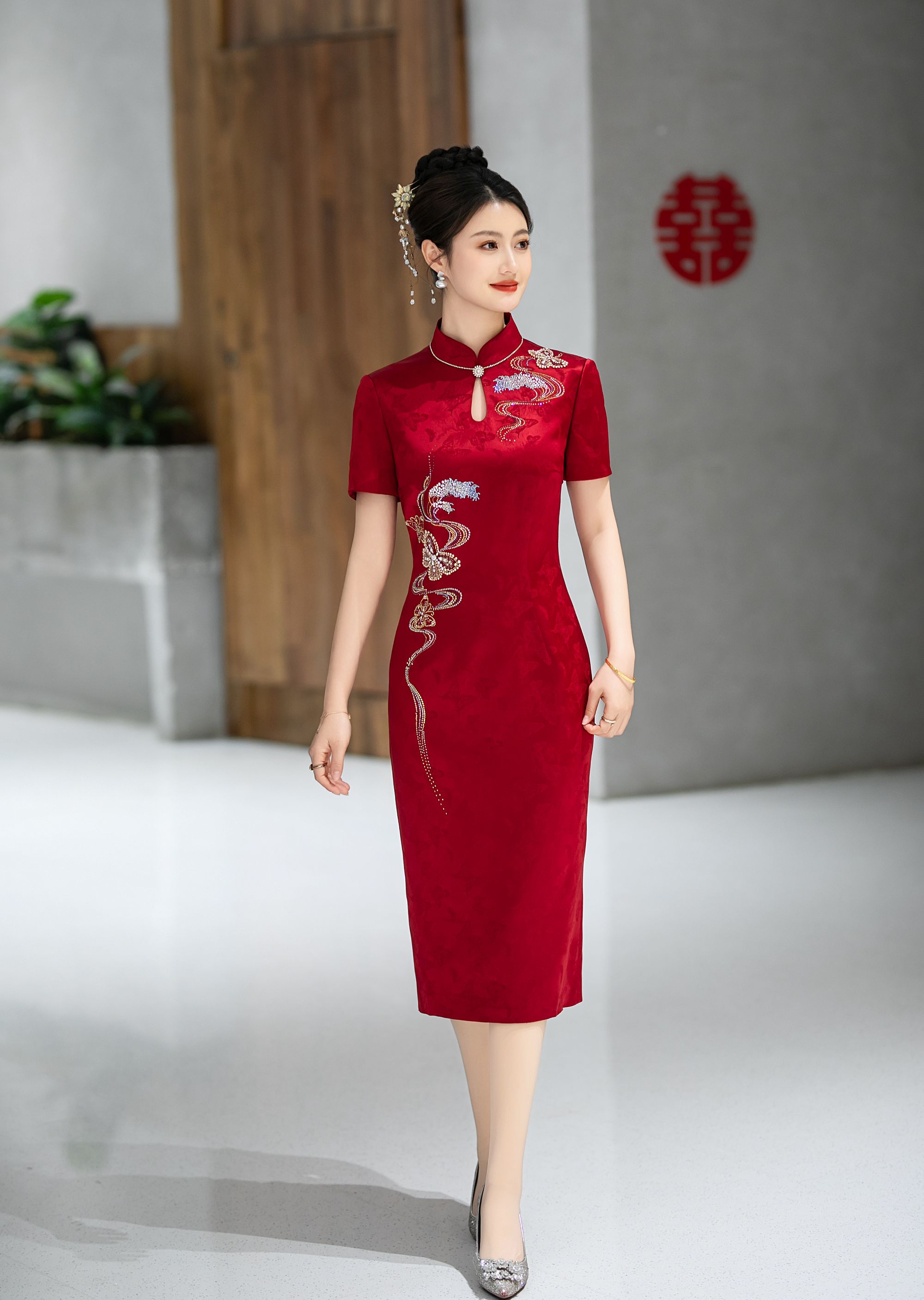 喜婆婆婚宴装年轻旗袍醋酸提花妈妈礼服气质婚礼妈妈装婚宴礼服女