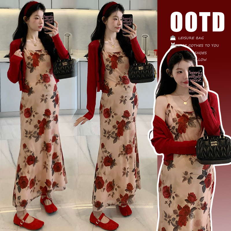 时尚孕妇2025夏季套装辣妈度假时尚玫瑰花弹力吊带裙+开衫两件套