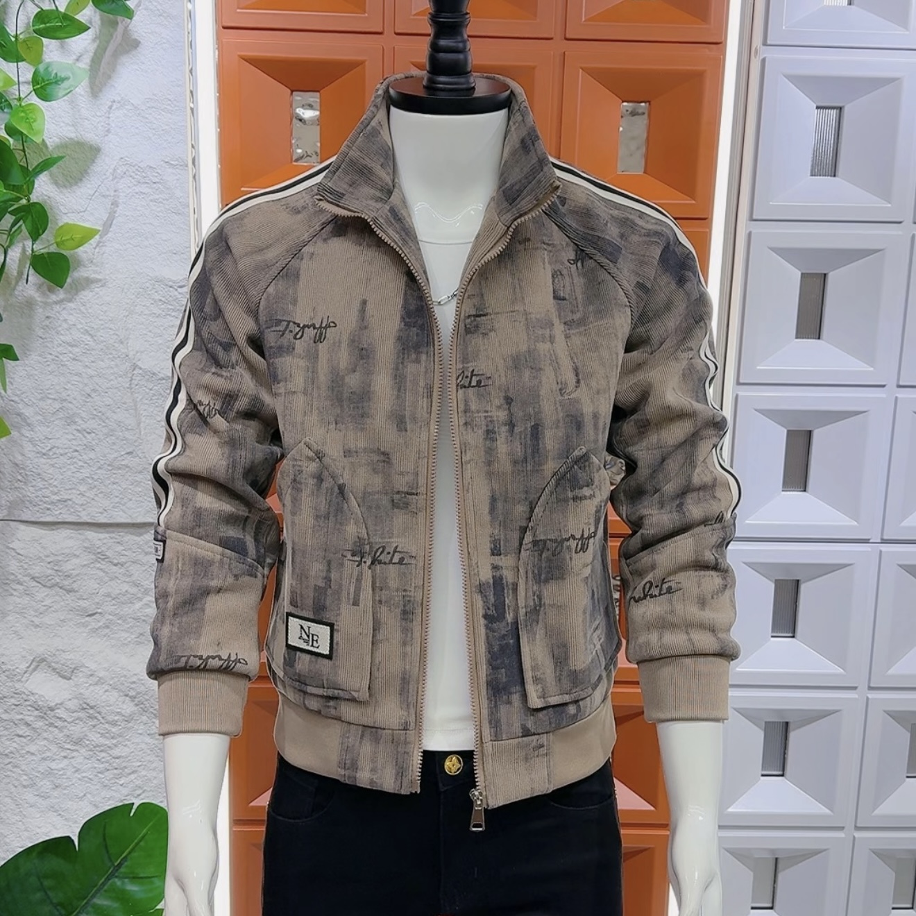 2025秋冬男休闲加厚夹克时尚潮流百搭迷彩外套立领水墨画修身褂子