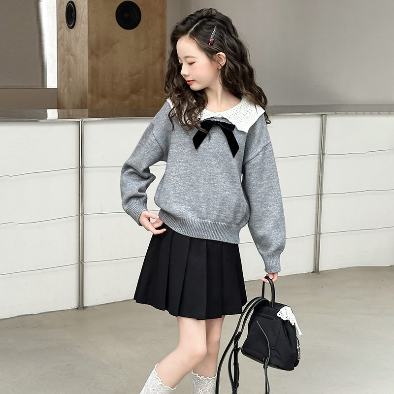 女童秋季套装2025新款洋气时尚娃娃衫毛衣百褶裙两件套6-12岁衣服