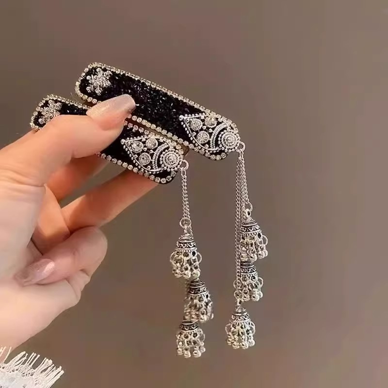 流苏古风发饰璀璨星河黑曜石闪砖名族风铃铛流苏发夹女高级感甜美