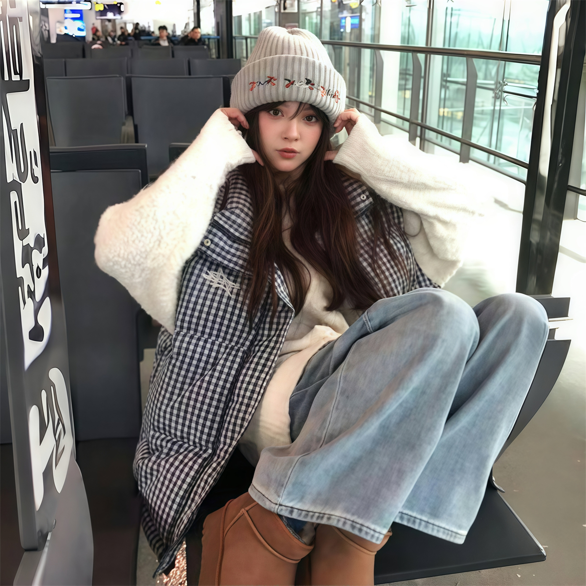 超好看 胖mm大码格子立领棉服马甲女秋冬新款外穿坎肩马夹外套602