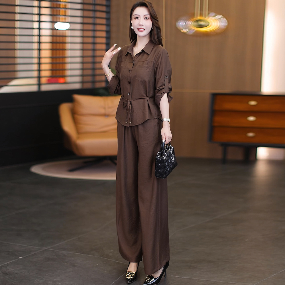 时尚套装女2025秋季新款气质减龄显瘦系带收腰衬衫阔腿裤两件套潮