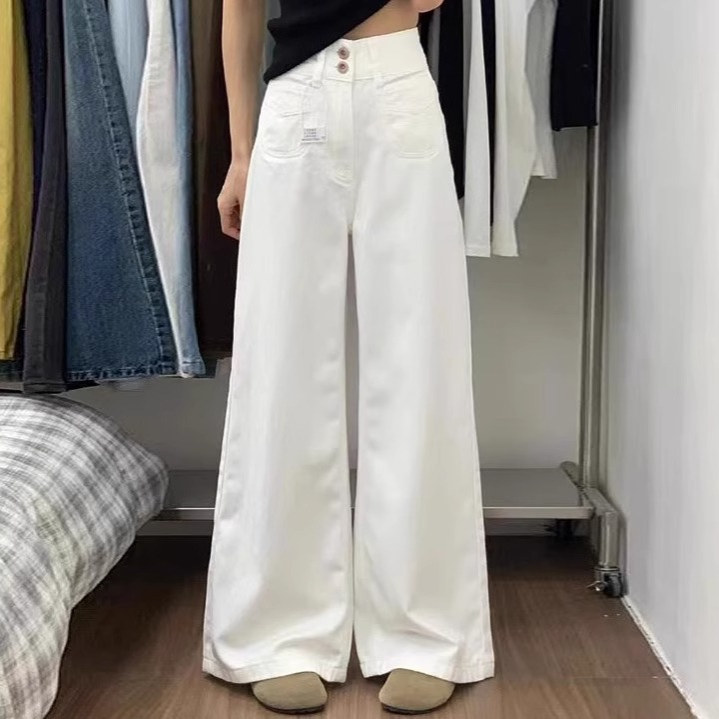 雪千羽白色阔腿牛仔裤女2025夏新款高腰宽松垂感小个子直筒拖地裤