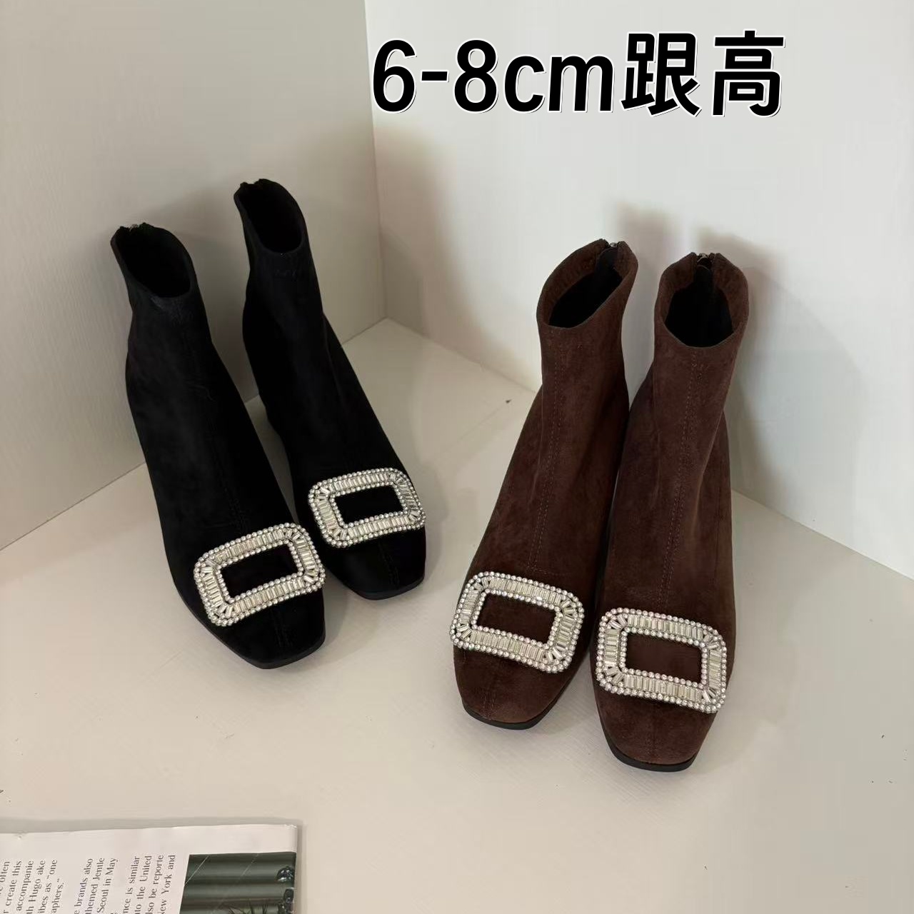 +6cm内增高小个子方头短靴女2025新百搭水钻方扣绒面瘦瘦靴