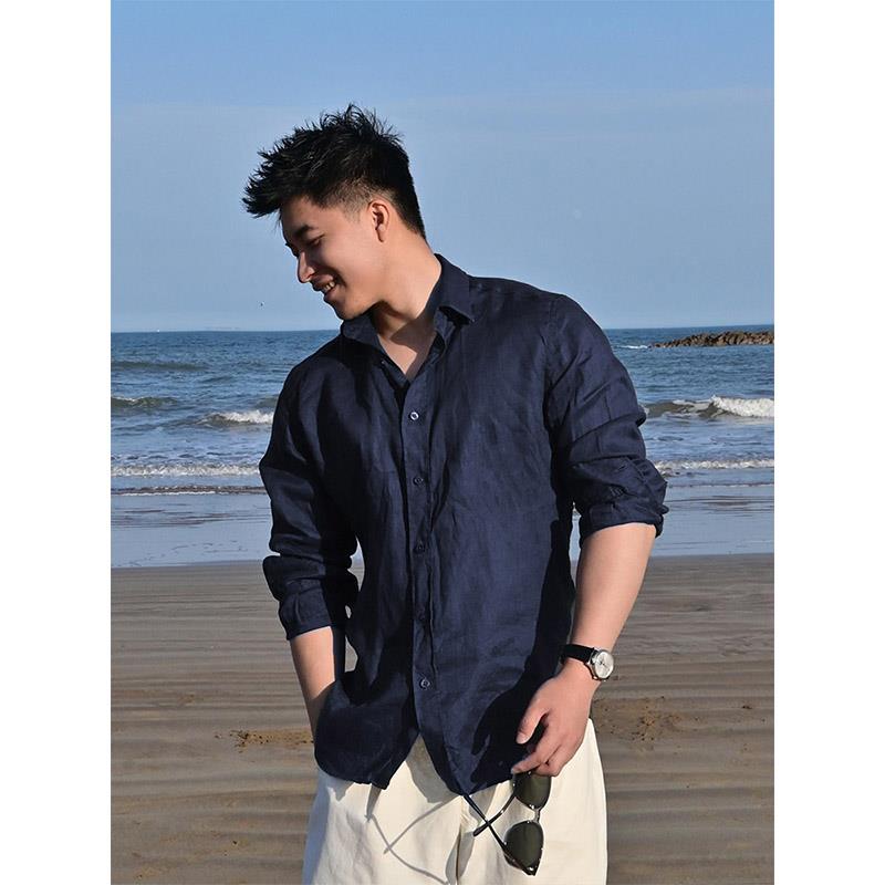 藏青色防晒亚麻衬衫男士夏季老钱风度假海边穿搭宽松沙滩衬衣外套