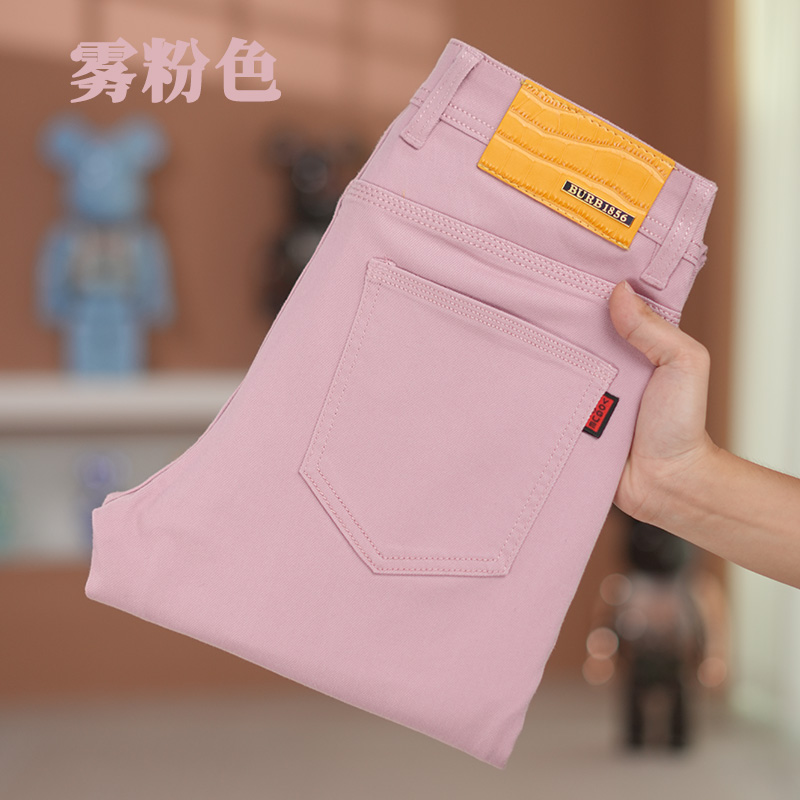 雾粉色牛仔裤男士2025秋冬新款免烫抗皱欧货简约休闲轻奢修身长裤