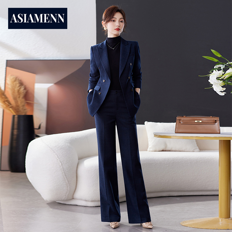 轻奢阔腿裤西装套装秋冬季正装修身条纹西服外套长袖极简风职业装