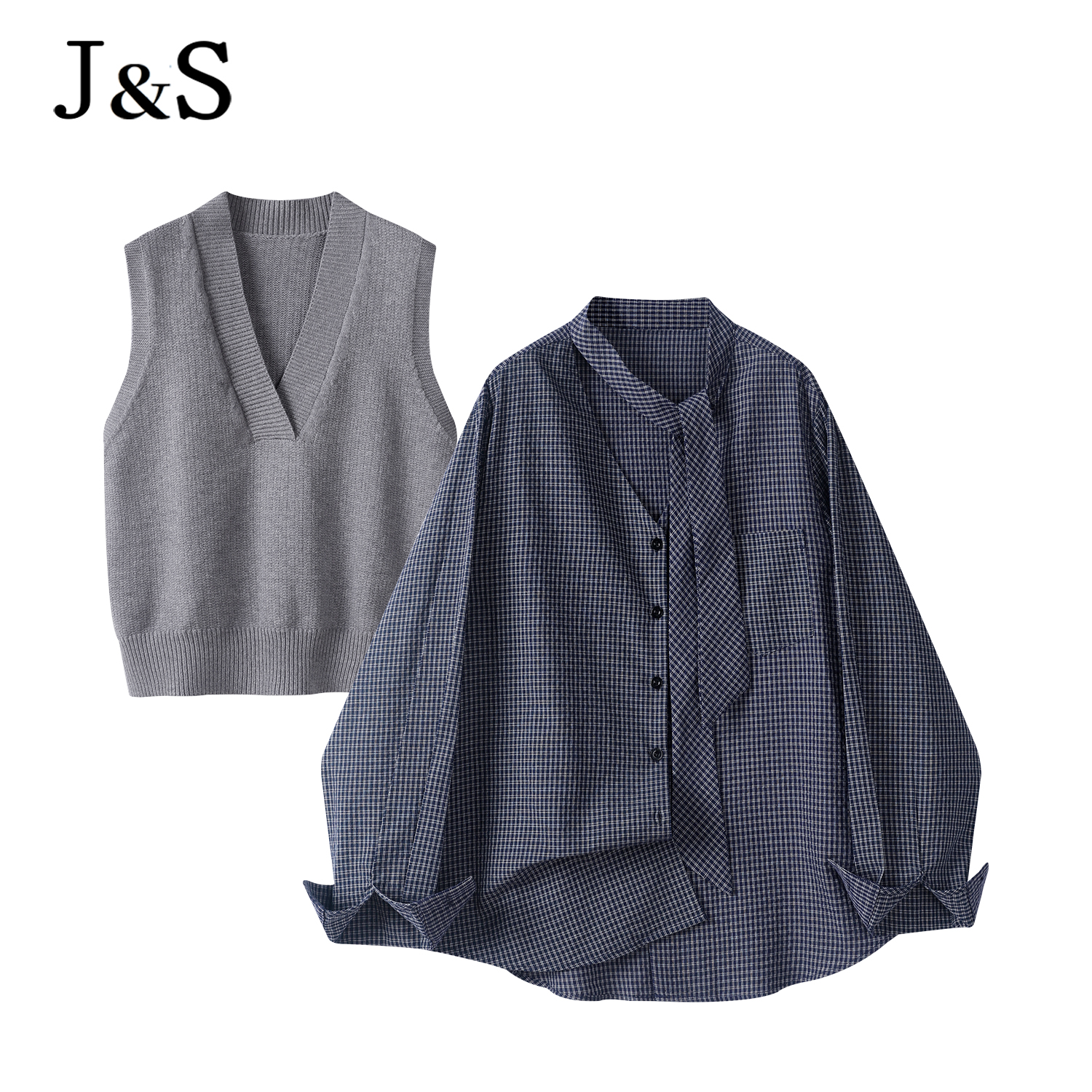 韩系飘带V领格子衬衫女2025秋季新款高级感简约百搭马甲两件套