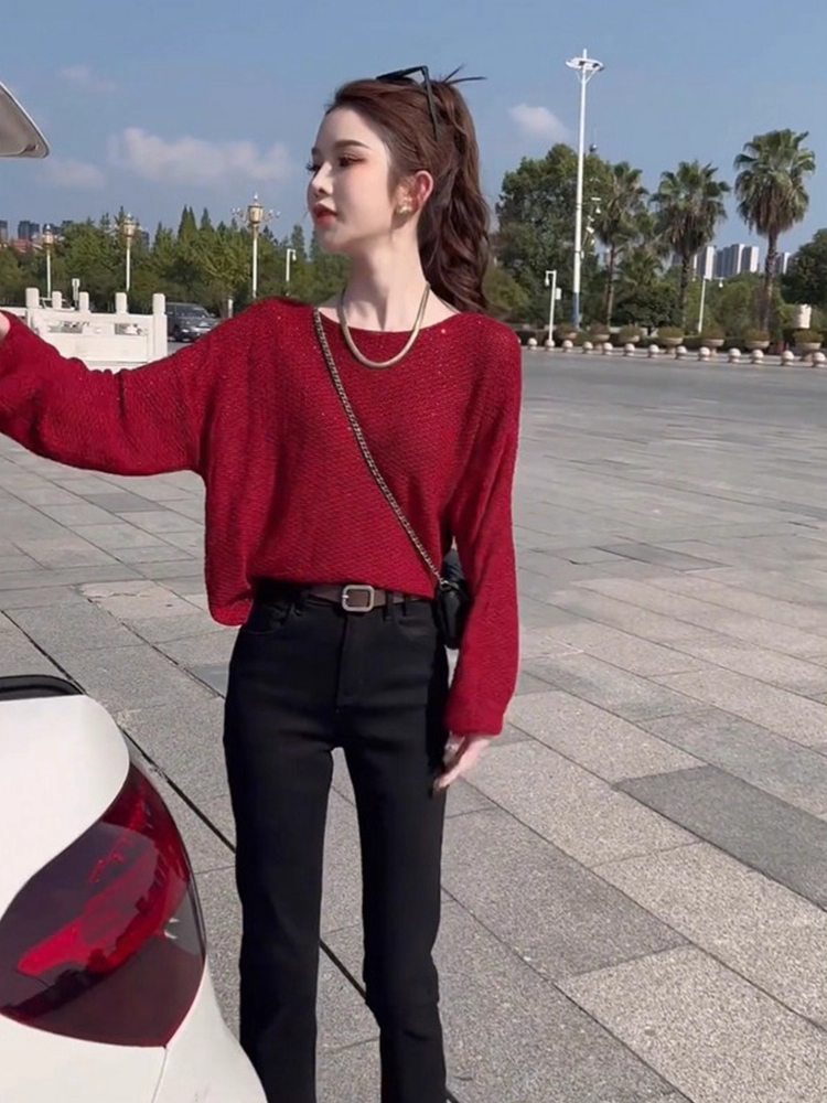 2025早秋新款高级感慵懒风宽松休闲套头毛针织衫简约修身牛仔裤子