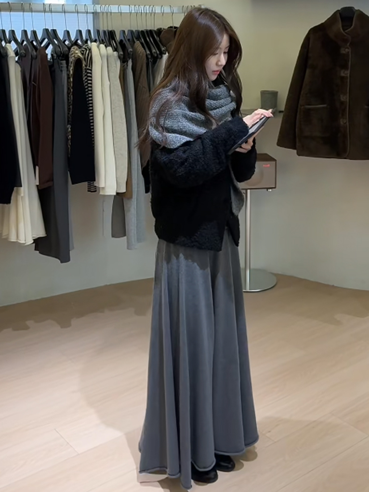 2025秋冬新款韩系慵懒松弛感黑色毛衣外套百搭半身裙显瘦两件套装
