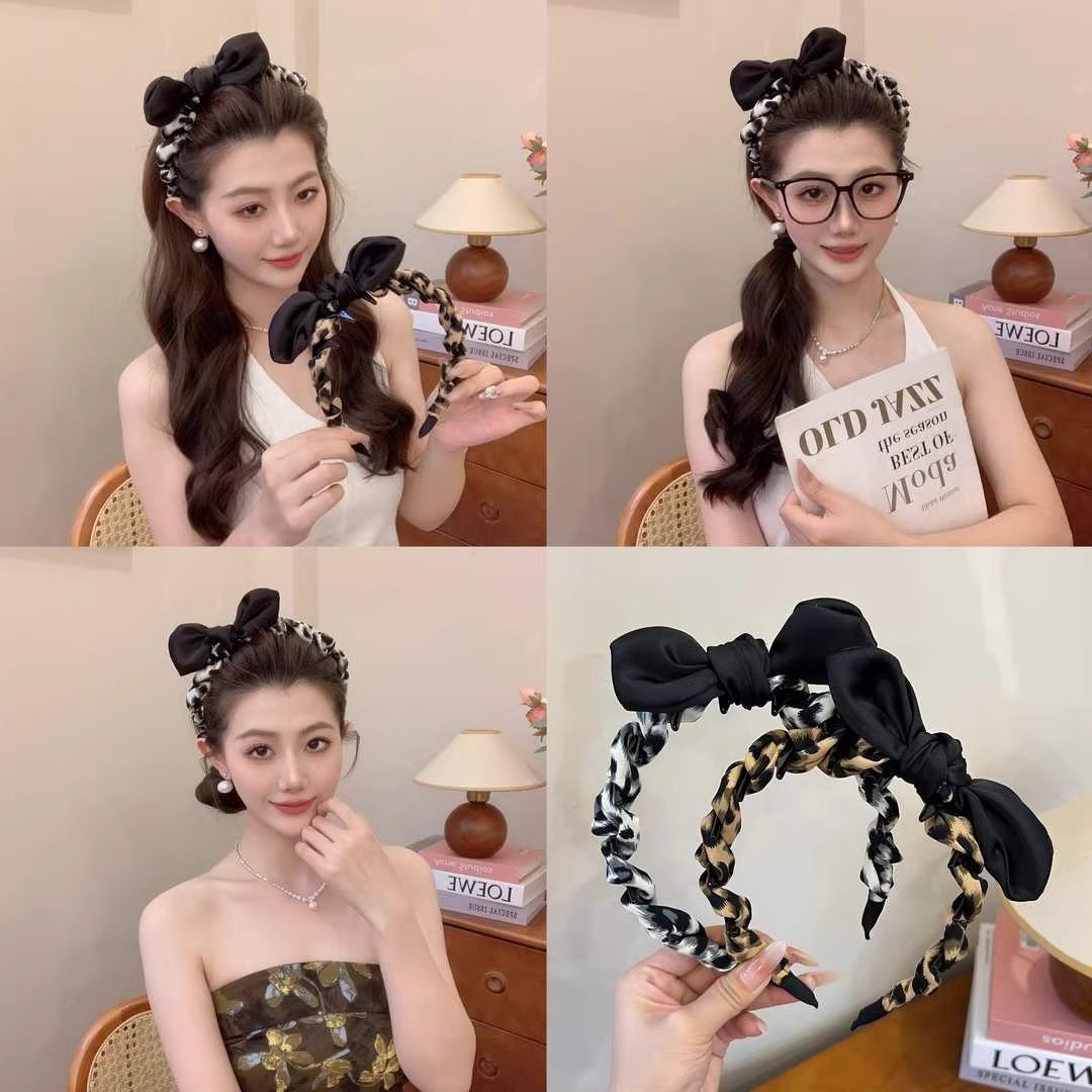 早秋豹纹兔耳朵蝴蝶结齿梳发箍女高颅顶防滑头箍日常外戴时尚发饰