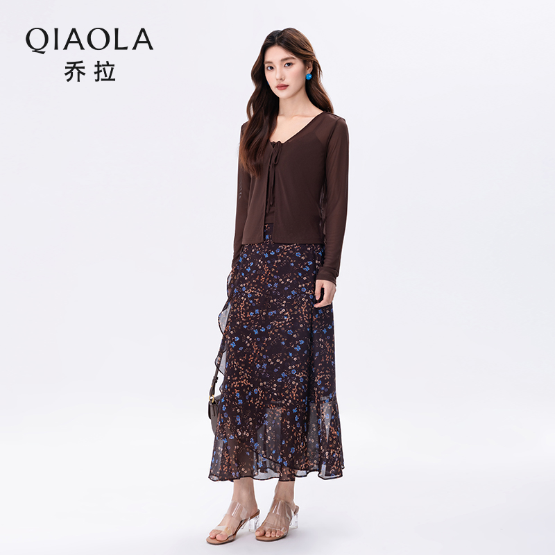 QIAOLA/乔拉【洛神花信】夏季新款上衣吊带碎花半裙时尚套装