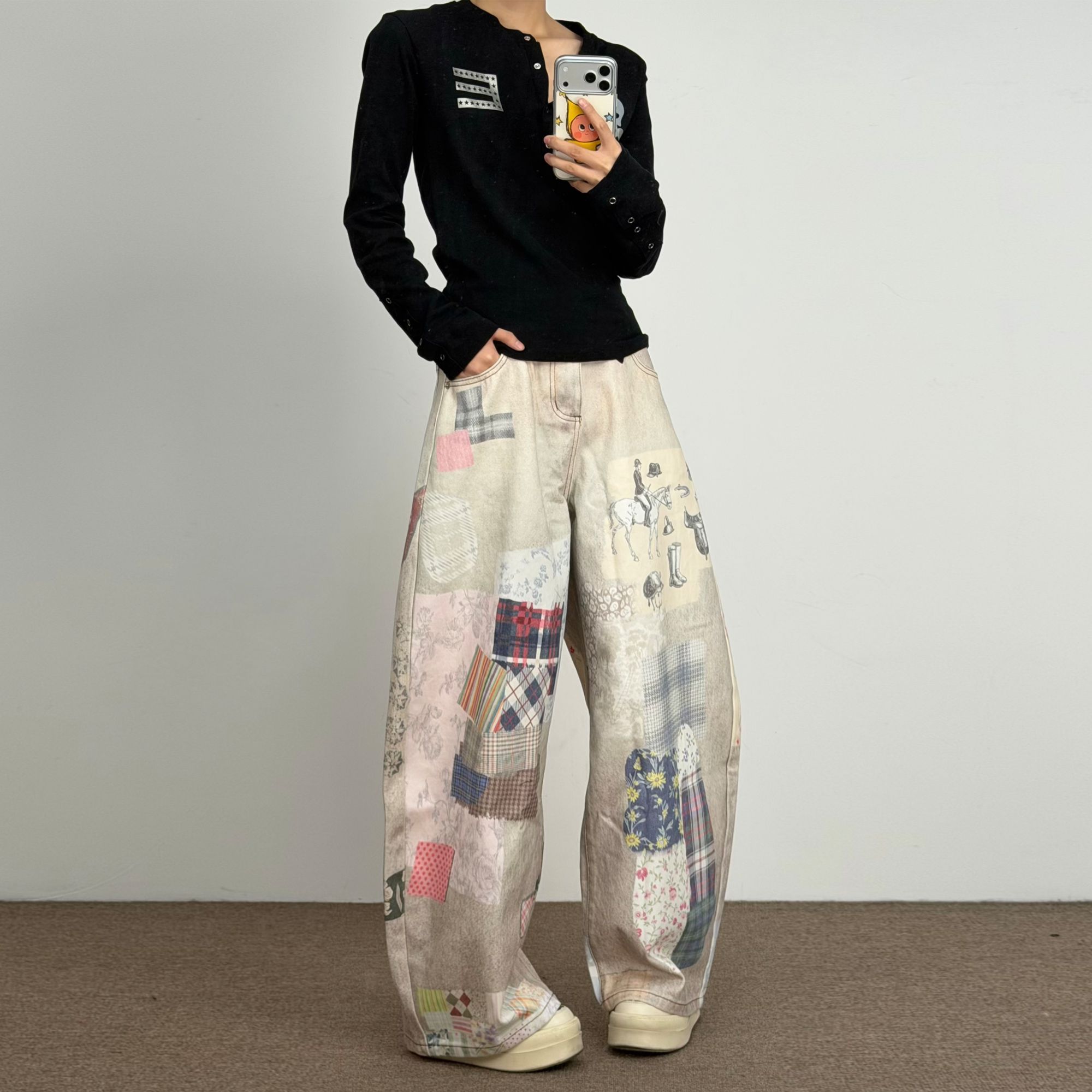 JADE QILIN美式复古3D打印补丁牛仔弯刀裤设计感做旧廓形阔腿长裤