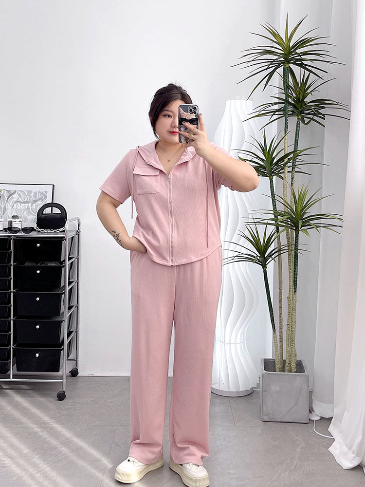 2025夏季新款显瘦连帽拉链上衣休闲阔腿长裤大码胖mm时尚百搭套装