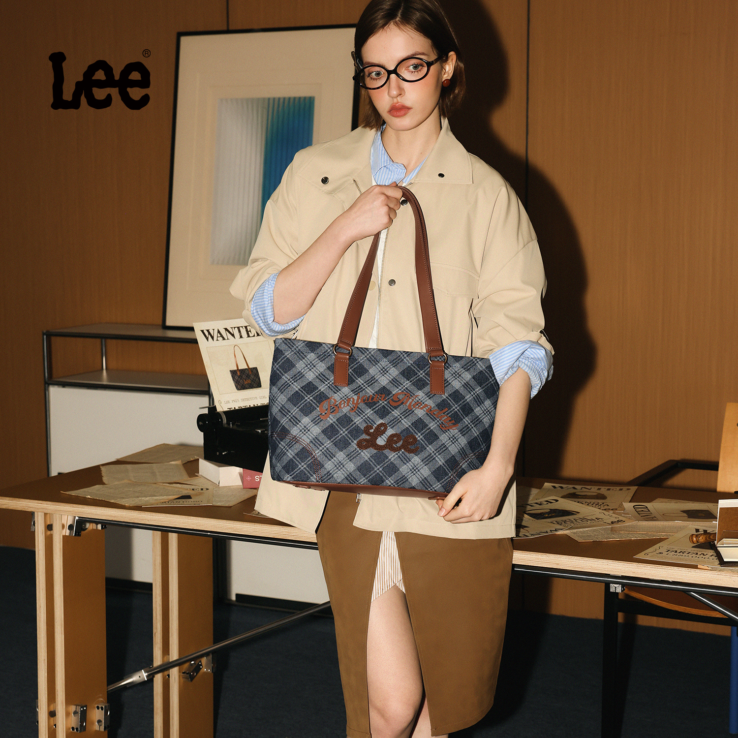 Lee秋冬新款格纹托特包女大学生单肩包通勤休闲包时尚百搭手提包