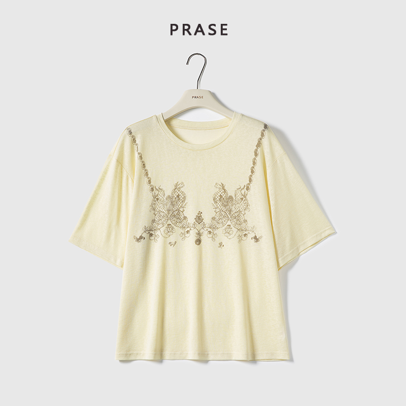 PRASE·噜【蕾丝织梦】微胖轻奢设计款夏女天丝时尚印花T恤PR505B84