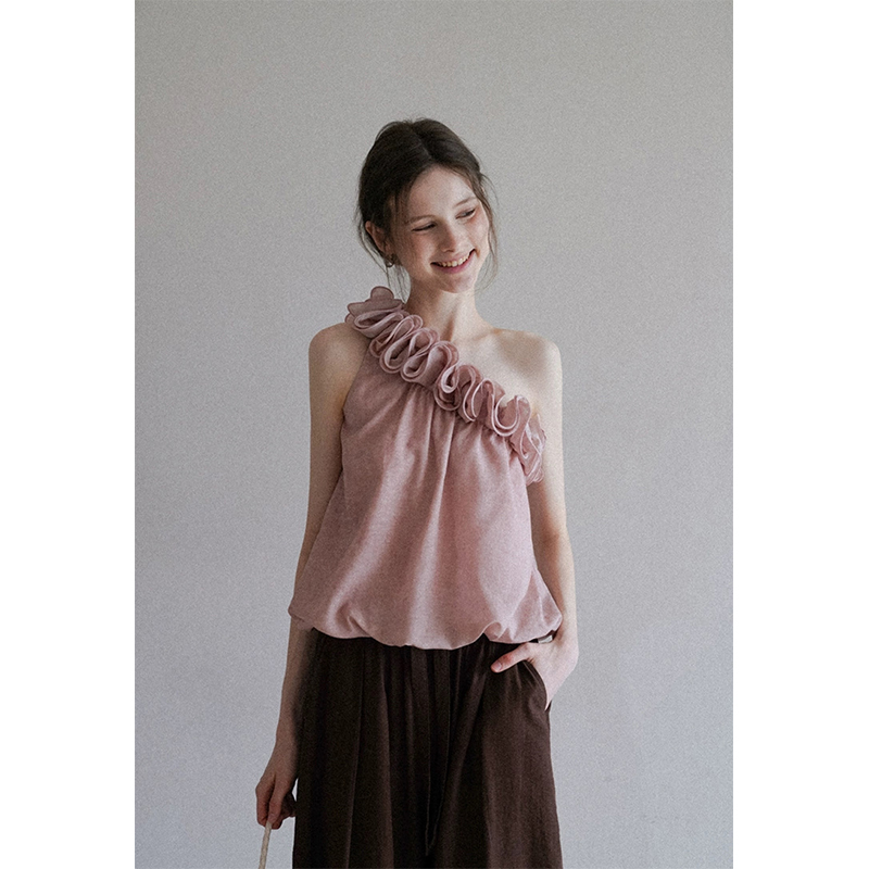 洋气衣服女气质设计感重工花边斜肩花苞背心上衣休闲直筒阔腿裤子